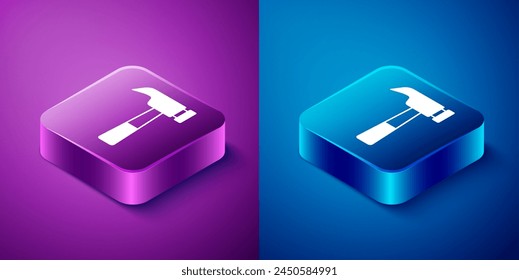 Isometric Hammer icon isolated on blue and purple background. Tool for repair. Square button. Vector