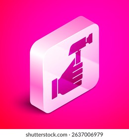 Isometric Hammer icon isolated on pink background. Tool for repair. Silver square button. Vector