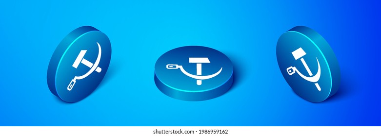 Isometric Hammer and sickle USSR icon isolated on blue background. Symbol Soviet Union. Blue circle button. Vector