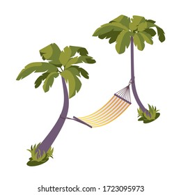 Isometric hammock between palm trees near the sea, hotel, bungalow