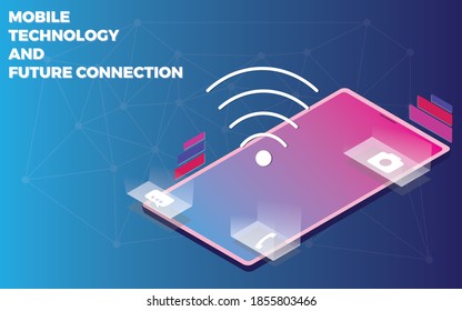 isometric han phone futuristic design with future connection and wifi icon 