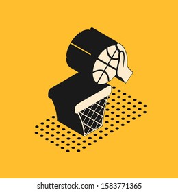 Isometric Hand with basketball ball and basket icon isolated on yellow background. Ball in basketball hoop.  Vector Illustration