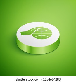 Isometric Hand with basketball ball icon isolated on green background. Sport symbol. White circle button. Vector Illustration