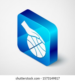Isometric Hand with basketball ball icon isolated on white background. Sport symbol. Blue square button. Vector Illustration