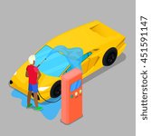Isometric Hand Car Wash. Driver Washing his Vehicle. Vector illustration