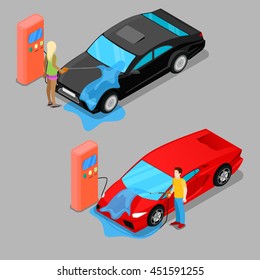 Isometric Hand Car Wash. Driver Washing Vehicle. Vector illustration