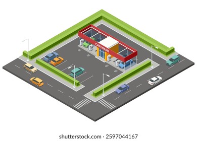Isometric hand car wash station. High pressure washer. Self-service car wash.