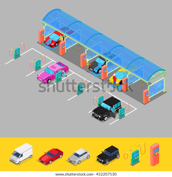 Isometric Hand Car Wash with Vacuum\
Cleaners. Driver Washing his Vehicle. Vector\
illustration