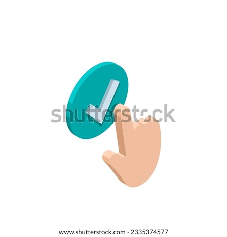 isometric hand and checkmark icon in color on a white background, approve or accept