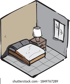 isometric hand drawing  funny small bedroom