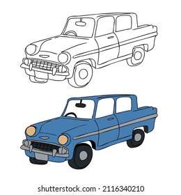 Isometric hand drawn view of blue classic sedan old car vector illustration black stroke for coloring kids drawing book.