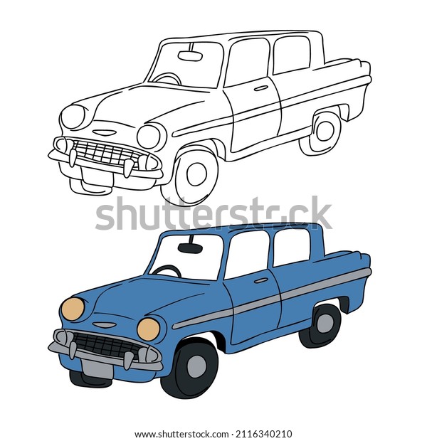 Isometric\
hand drawn view of blue classic sedan old car vector illustration\
black stroke for coloring kids drawing\
book.