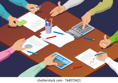 Isometric hand gestures business concept with holding card using pen calculator tablet touching shake okay sign lying on table vector illustration