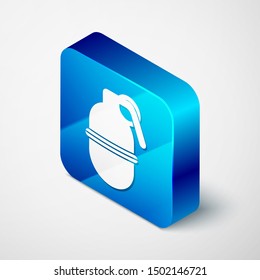 Isometric Hand grenade icon isolated on white background. Bomb explosion. Blue square button. Vector Illustration