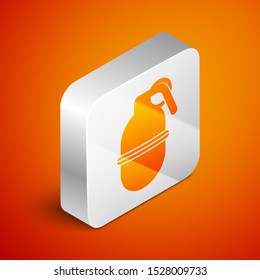 Isometric Hand grenade icon isolated on orange background. Bomb explosion. Silver square button. Vector Illustration