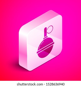 Isometric Hand grenade icon isolated on pink background. Bomb explosion. Silver square button. Vector Illustration