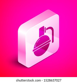 Isometric Hand grenade icon isolated on pink background. Bomb explosion. Silver square button. Vector Illustration