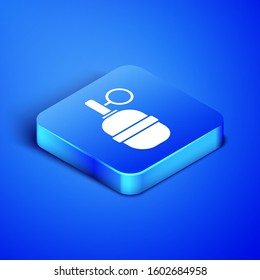 Isometric Hand grenade icon isolated on blue background. Bomb explosion. Blue square button. Vector Illustration