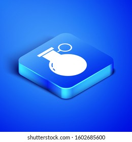 Isometric Hand grenade icon isolated on blue background. Bomb explosion. Blue square button. Vector Illustration