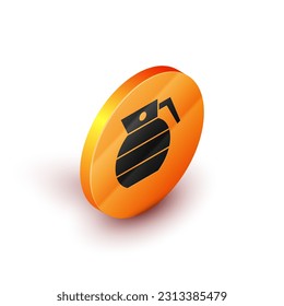 Isometric Hand grenade icon isolated on white background. Bomb explosion. Orange circle button. Vector