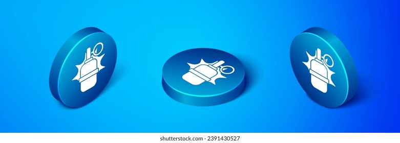 Isometrisches Handgranatsymbol einzeln auf blauem Hintergrund. Bombenexplosion. Blauer Kreis-Knopf. Vektorgrafik