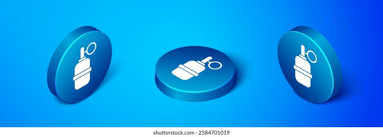 Isometric Hand grenade icon isolated on blue background. Bomb explosion. Blue circle button. Vector