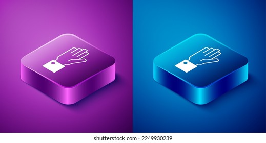 Isometric Hand holding auction icon isolated on blue and purple background. Bidding concept. Auction competition. Square button. Vector
