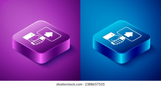 Isometric Hand holding auction paddle icon isolated on blue and purple background. Bidding concept. Auction competition. Hands rising signs with BID inscriptions. Square button. Vector