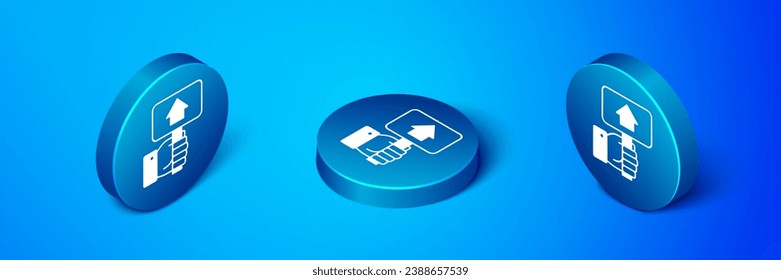 Isometric Hand holding auction paddle icon isolated on blue background. Bidding concept. Auction competition. Hands rising signs with BID inscriptions. Blue circle button. Vector