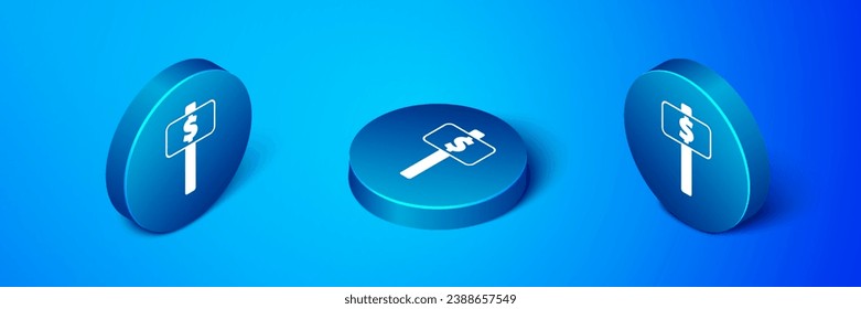 Isometric Hand holding auction paddle icon isolated on blue background. Bidding concept. Auction competition. Hands rising signs with BID inscriptions. Blue circle button. Vector