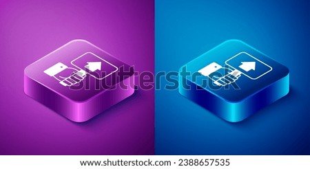 Isometric Hand holding auction paddle icon isolated on blue and purple background. Bidding concept. Auction competition. Hands rising signs with BID inscriptions. Square button. Vector