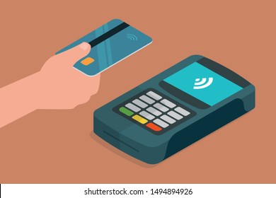 Isometric Hand Holding Bank Credit Card Near POS Terminal. Contactless Payment Shop Store NFC Chip Technology. 