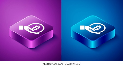 Isometric Hand holding Bitcoin icon isolated on blue and purple background. Blockchain technology, digital money market, cryptocoin wallet. Square button. Vector