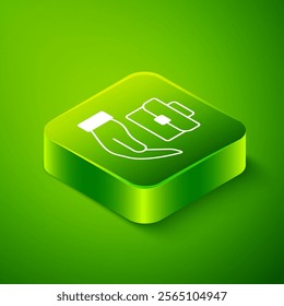 Isometric Hand holding briefcase icon isolated on green background. Insurance concept. Security, safety, protection, protect concept. Green square button. Vector