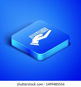 Isometric Hand holding deck of playing cards icon isolated on blue background. Casino gambling. Blue square button. Vector Illustration