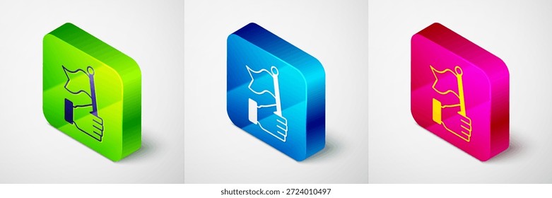 Mano isométrica que sostiene el icono de la bandera aislado en fondo gris. Victoria, ganar y conquistar el concepto de adversidad. Botón cuadrado. Vector