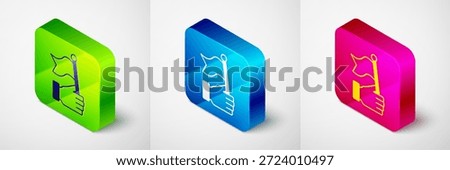 Isometric Hand holding flag icon isolated on grey background. Victory, winning and conquer adversity concept. Square button. Vector