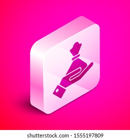 Isometric Hand holding money bag icon isolated on pink background. Dollar or USD symbol. Cash Banking currency sign. Silver square button. Vector Illustration