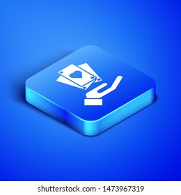 Isometric Hand holding playing cards icon isolated on blue background. Сasino game design. Blue square button. Vector Illustration