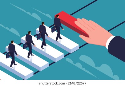 Isometric hand holding wooden blocks to build a wooden bridge helping a group of small businessmen to cross a ravine, helping with problems and troubles