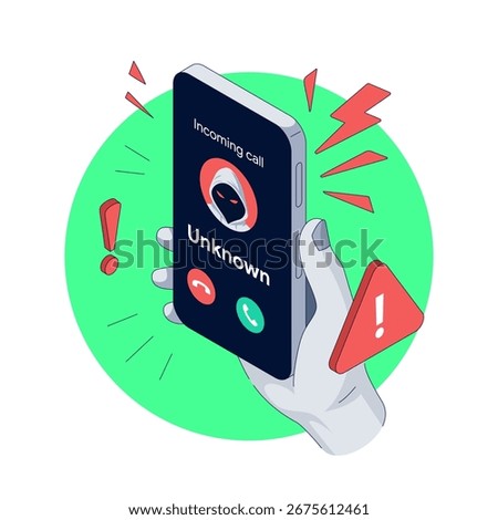 Isometric Hand Holds the Phone. Unknown Call on the Screen.  Smartphone with Incoming call. Scammer Warning and Suspicious Number Alert. Fraud and cyber security concept. Vector illustration