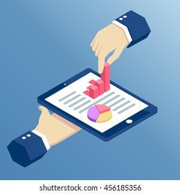 mano isométrica sujeta la tableta y saca de ella un gráfico de barras, diseño isométrico infográfico en tableta con las manos, concepto de negocio análisis web