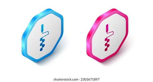Isometric Hand ice drill for winter fishing icon isolated on white background. Hexagon button. Vector