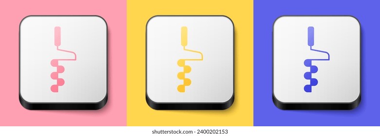 Isometric Hand ice drill for winter fishing icon isolated on pink, yellow and blue background. Square button. Vector