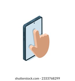 isometric hand icon on smartphone screen in color on white background, pointer or manipulator