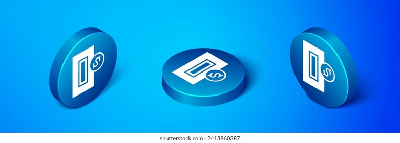 Isometric Hand inserting coin to a slot on a vending machine or arcade machine icon isolated on blue background. Blue circle button. Vector