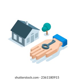 isometric hand with a key and a house next to a tree in color on a white background, buying real estate or renting