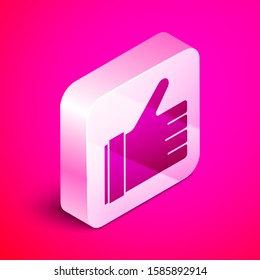 Isometric Hand like icon isolated on pink background. Silver square button. Vector Illustration
