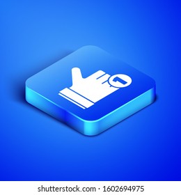 Isometric Hand like icon isolated on blue background. Blue square button. Vector Illustration