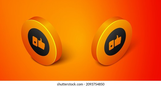 La mano isométrica es como un icono aislado en el fondo naranja. Botón de círculo naranja. Vector